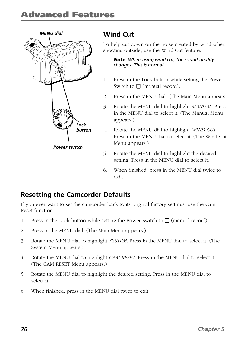 Advanced features, Wind cut, Resetting the camcorder defaults | 76 chapter 5 | RCA CC9360 User Manual | Page 78 / 108