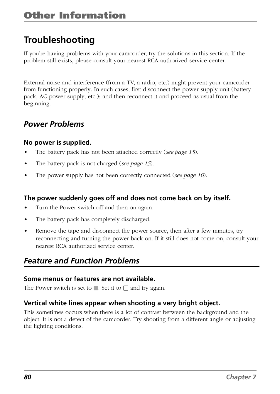 Other information, Troubleshooting, Power problems | Feature and function problems | RCA CC9360 User Manual | Page 82 / 108