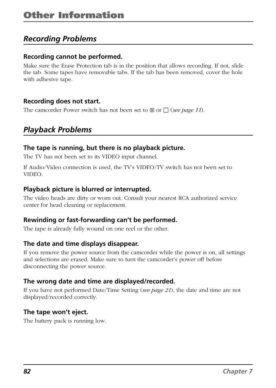 Other information, Recording problems, Playback problems | RCA CC9360 User Manual | Page 84 / 108