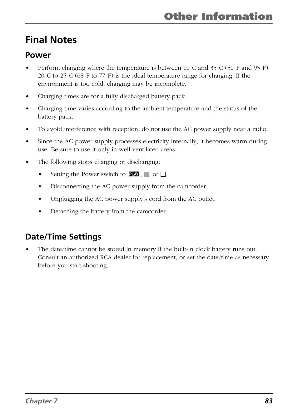 Other information, Power, Date/time settings | RCA CC9360 User Manual | Page 85 / 108