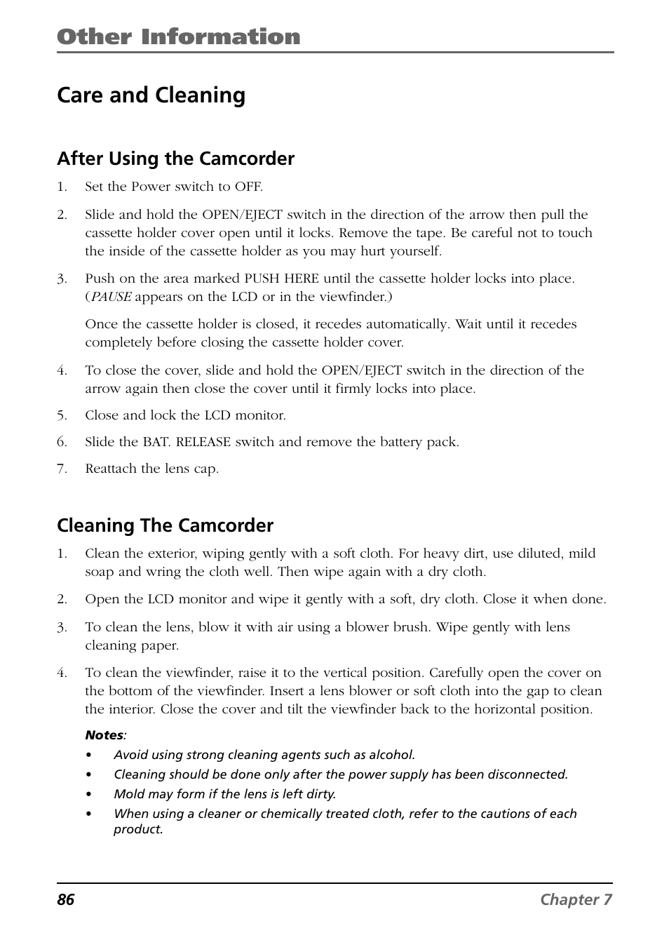 Other information, Care and cleaning, After using the camcorder | Cleaning the camcorder | RCA CC9360 User Manual | Page 88 / 108