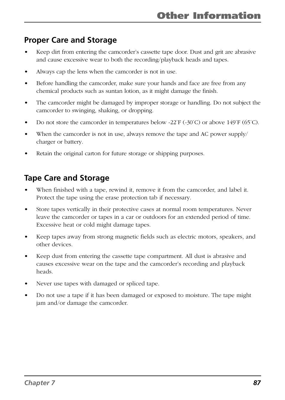 Other information, Proper care and storage, Tape care and storage | RCA CC9360 User Manual | Page 89 / 108