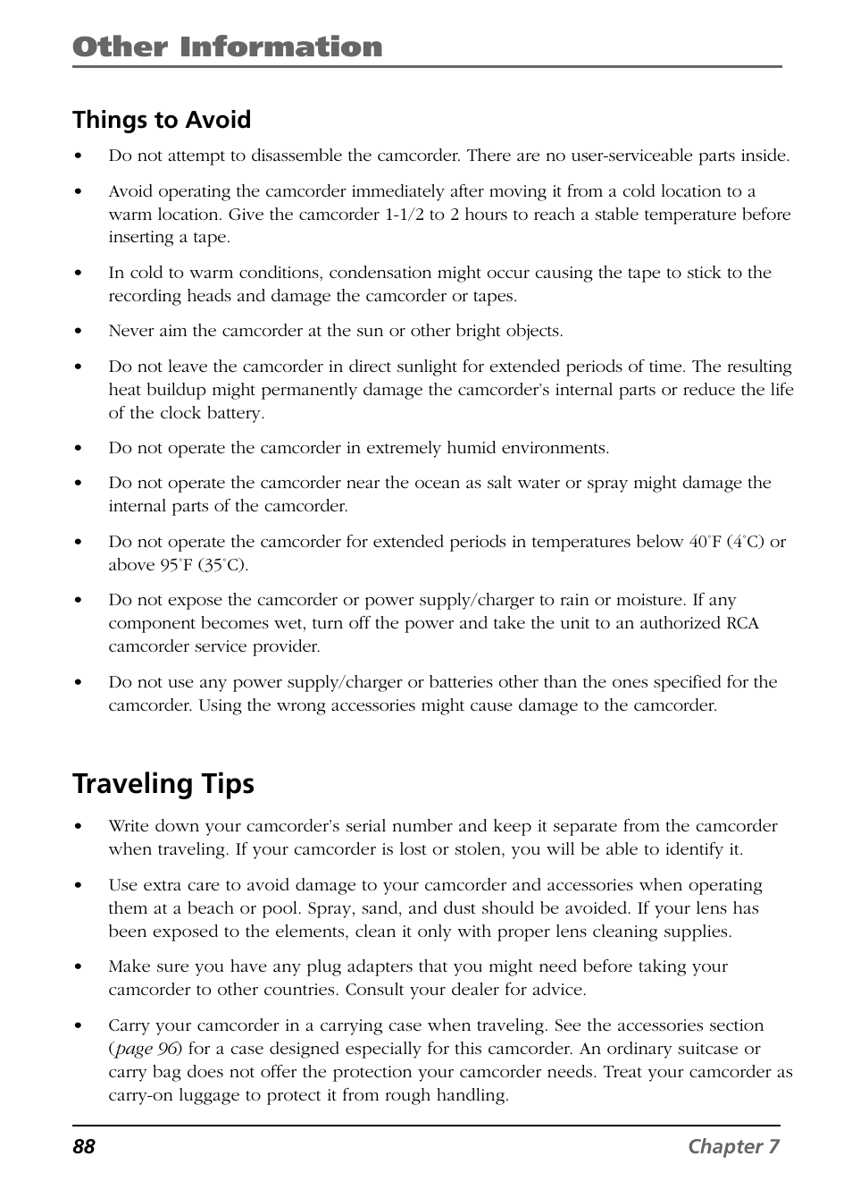 Other information, Traveling tips, Things to avoid | RCA CC9360 User Manual | Page 90 / 108