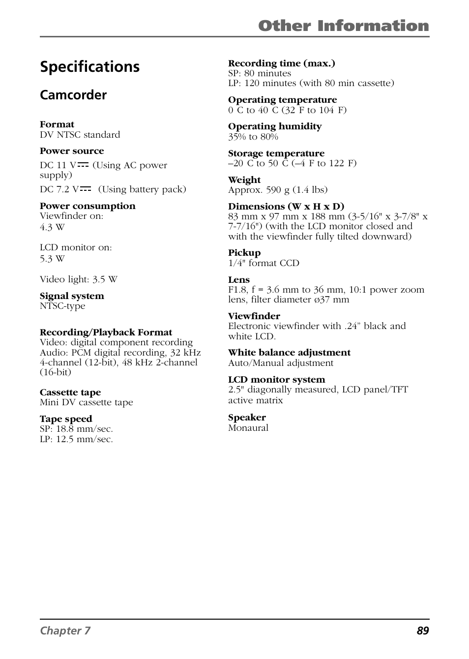 Other information, Specifications, Camcorder | RCA CC9360 User Manual | Page 91 / 108