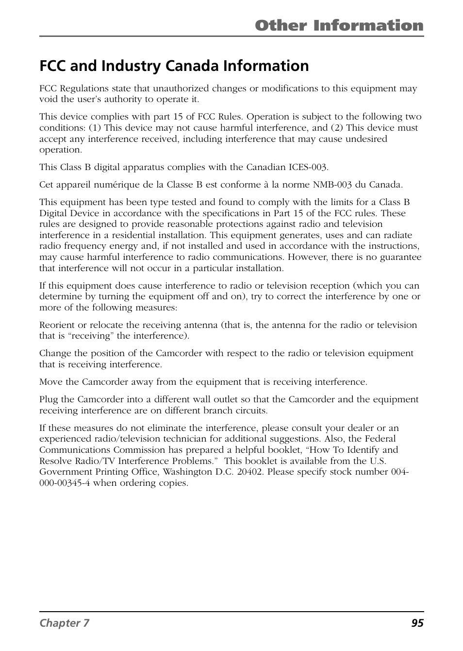 Other information, Fcc and industry canada information | RCA CC9360 User Manual | Page 97 / 108