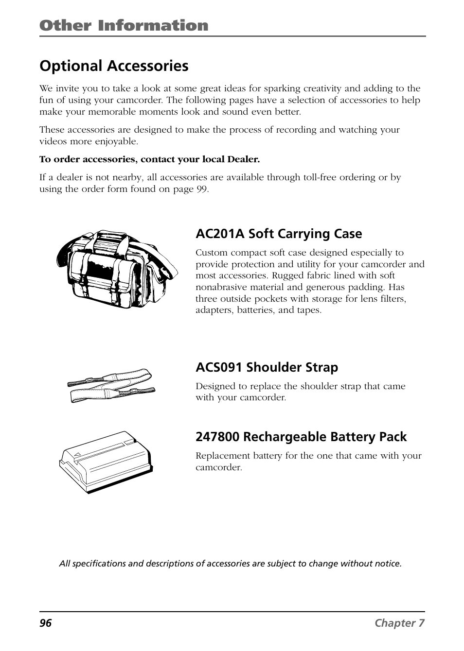 Other information, Optional accessories, Ac201a soft carrying case | Acs091 shoulder strap | RCA CC9360 User Manual | Page 98 / 108