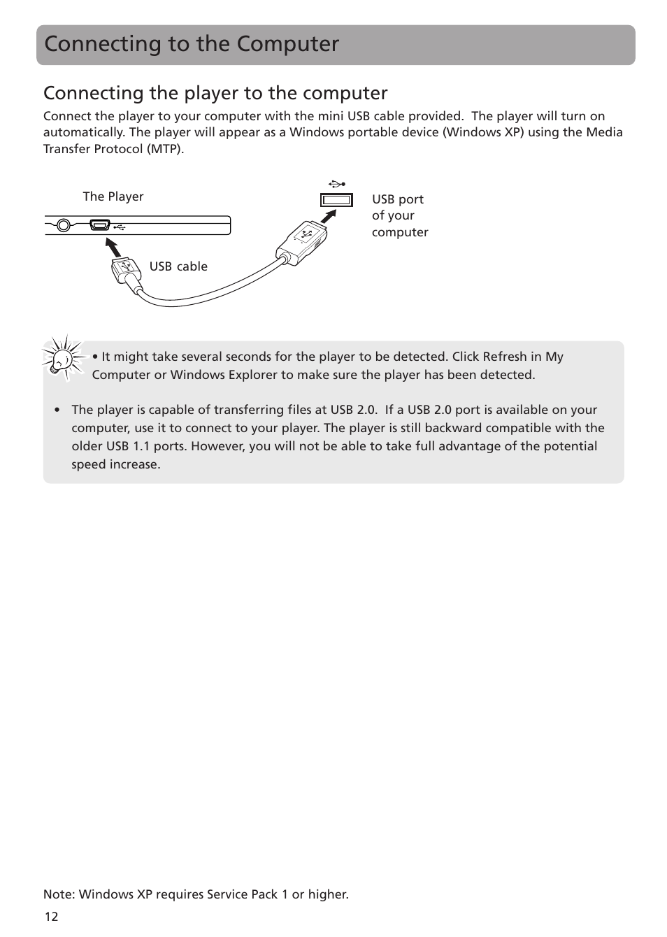 Connecting to the computer, Connecting the player to the computer | RCA MC5104 User Manual | Page 12 / 45