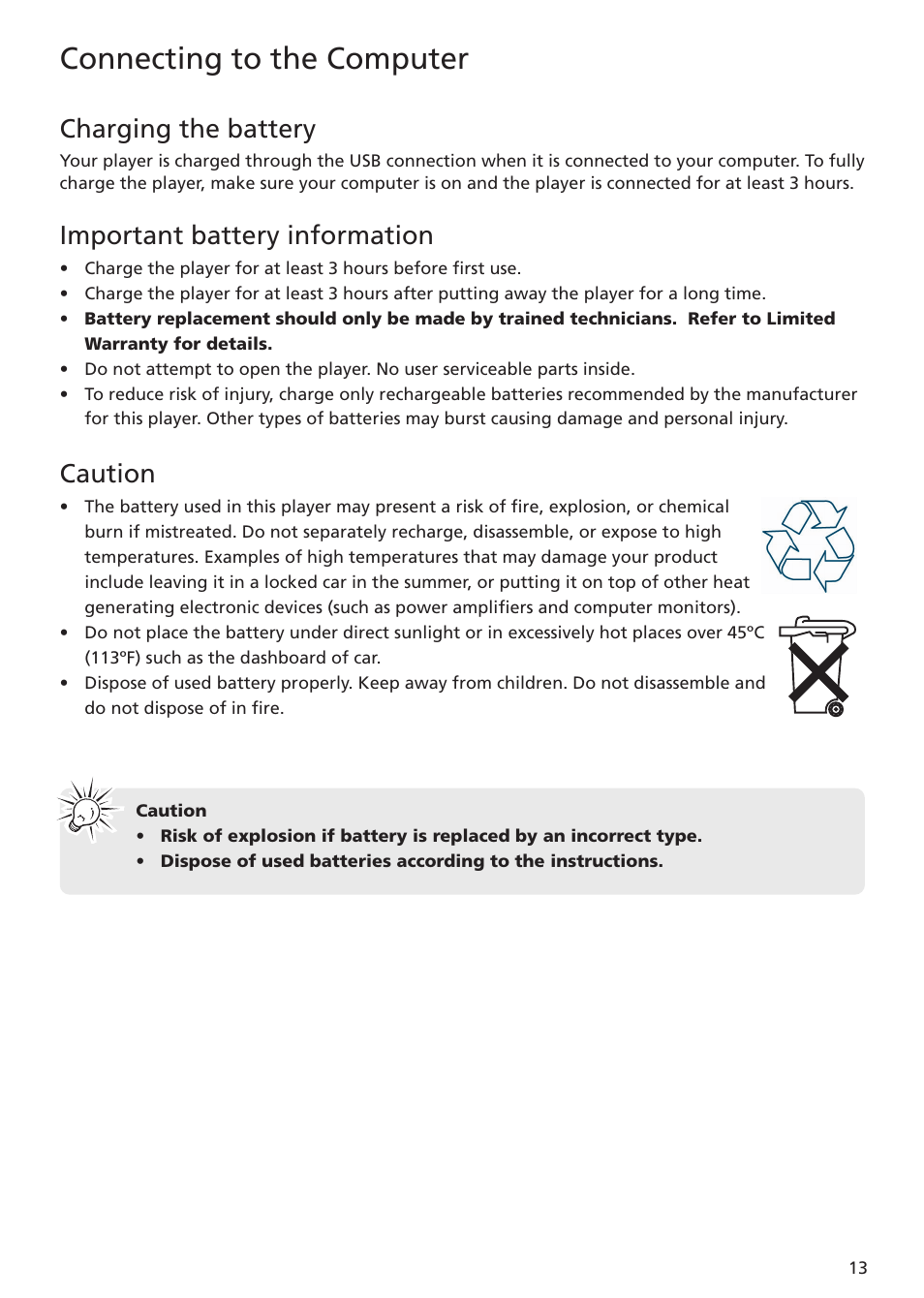 Charging the battery, Important battery information, Caution | Connecting to the computer | RCA MC5104 User Manual | Page 13 / 45