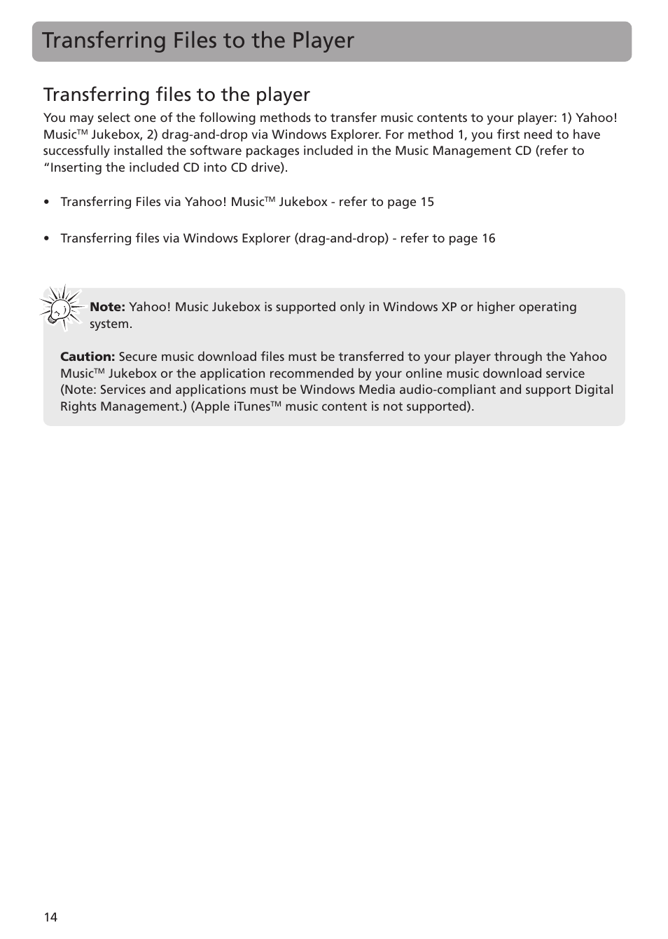 Transferring files to the player | RCA MC5104 User Manual | Page 14 / 45