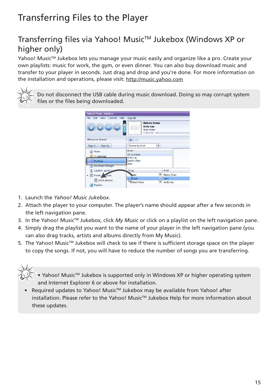 Transferring files to the player, Transferring files via yahoo! music, Jukebox (windows xp or higher only) | RCA MC5104 User Manual | Page 15 / 45