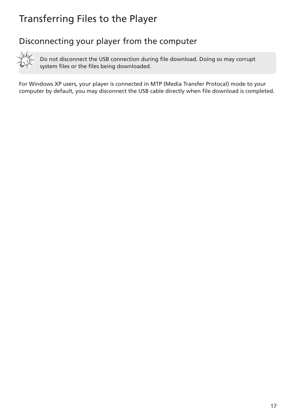 Disconnecting your player from the computer, Transferring files to the player | RCA MC5104 User Manual | Page 17 / 45