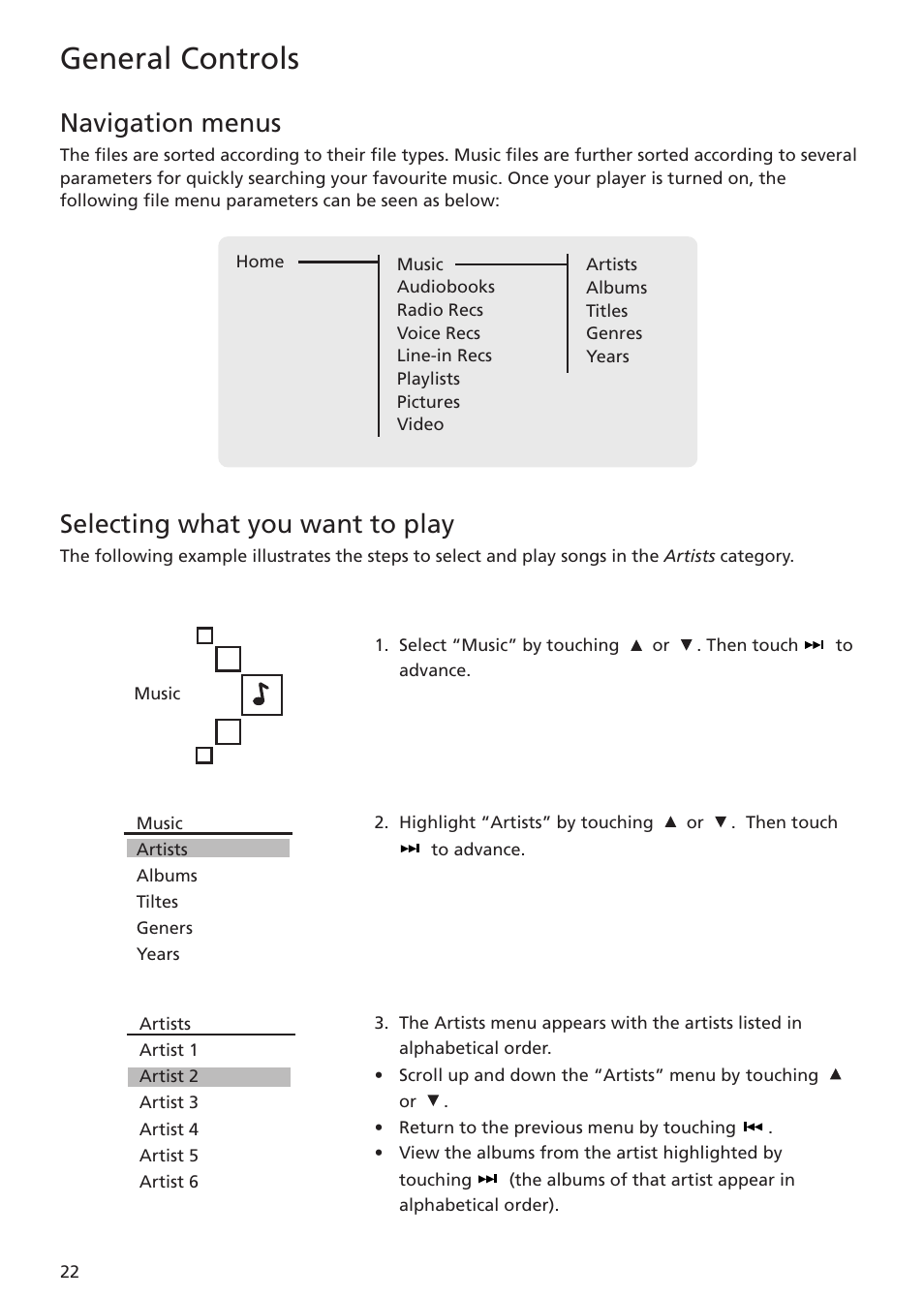 Navigation menus, Selecting what you want to play, General controls | RCA MC5104 User Manual | Page 22 / 45