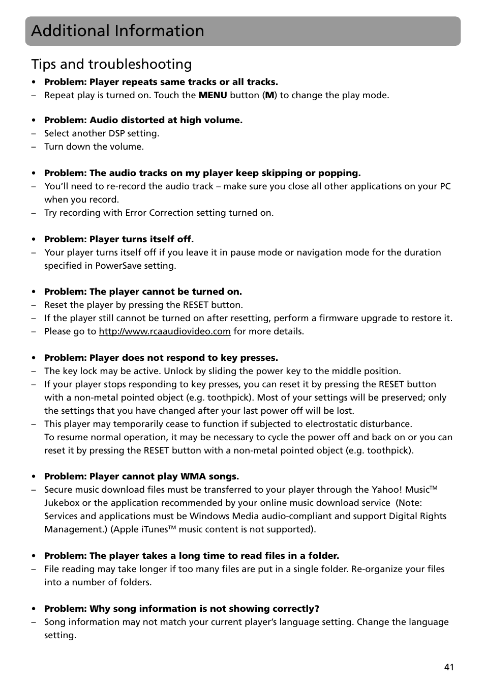 Additional information, Tips and troubleshooting | RCA MC5104 User Manual | Page 41 / 45