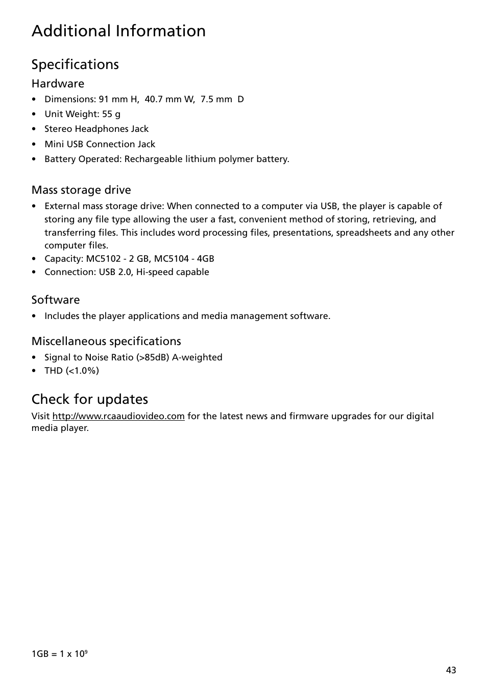 Specifications, Check for updates, Additional information | RCA MC5104 User Manual | Page 43 / 45