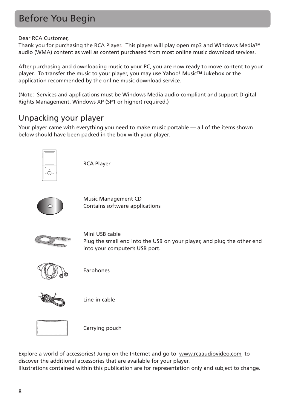 Before you begin, Unpacking your player | RCA MC5104 User Manual | Page 8 / 45