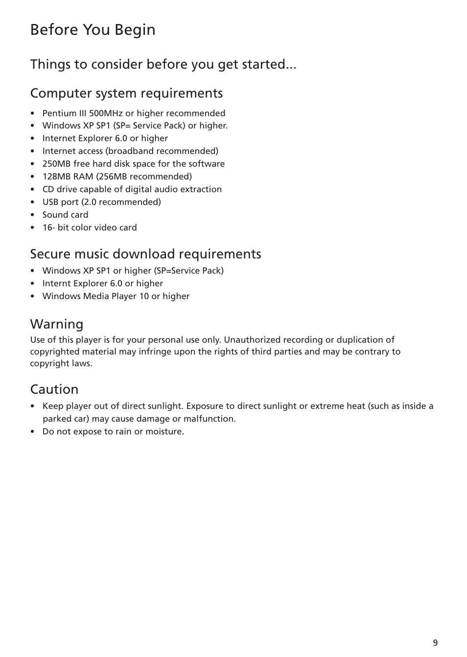 Things to consider before you get started, Computer system requirements, Secure music download requirements | Warning, Caution, Before you begin | RCA MC5104 User Manual | Page 9 / 45
