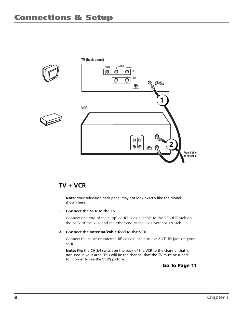 Tv + vcr, Connections, Connecting | Connections & setup, 8chapter 1, Go to page 11, Vcr tv | RCA VR355/VR545 User Manual | Page 10 / 56