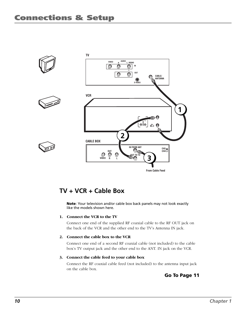 Tv + vcr + cable box, Connections & setup, 10 chapter 1 | Go to page 11, Vc r tv ca ble bo x | RCA VR355/VR545 User Manual | Page 12 / 56