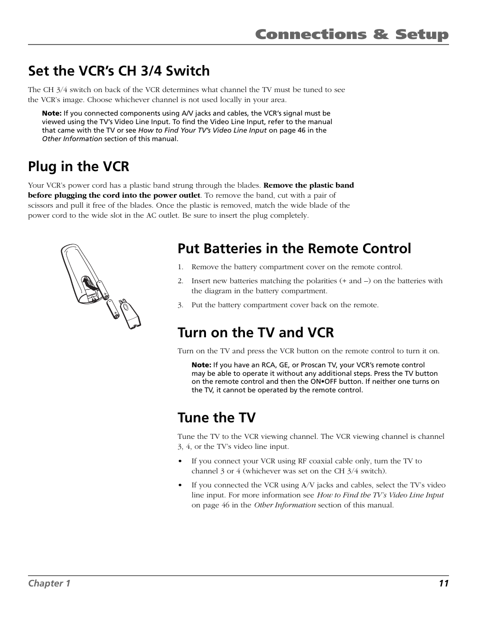 Set the vcr’s ch 3/4 switch, Plug in the vcr, Put batteries in the remote control | Turn on the tv and vcr, Tune the tv, Batteries (remote control), Remote, batteries, Vcr viewing channel, Connections & setup set the vcr’s ch 3/4 switch | RCA VR355/VR545 User Manual | Page 13 / 56
