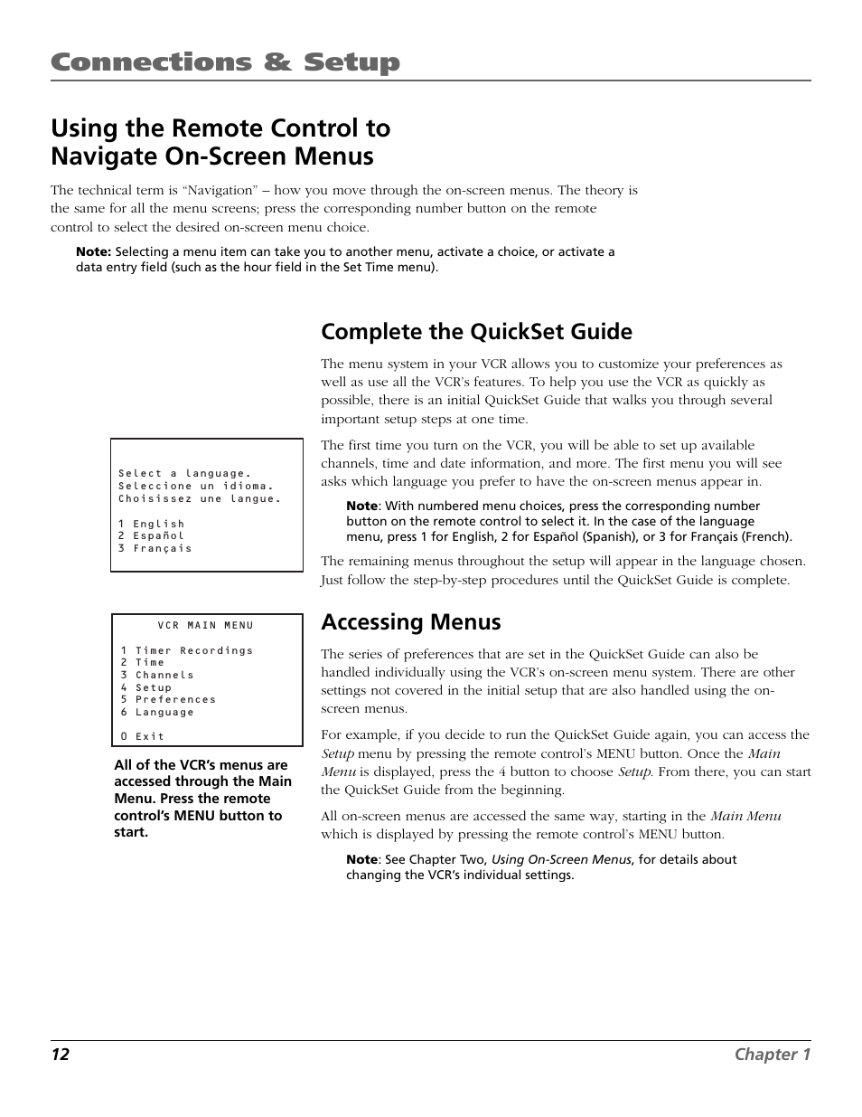 Complete the quickset guide, Accessing menus, Using the remote control to | Navigate on-screen menus, Complete the quickset guide accessing menus | RCA VR355/VR545 User Manual | Page 14 / 56