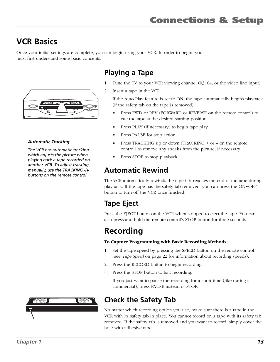 Vcr basics, Playing a tape, Automatic rewind | Tape eject, Recording, Check the safety tab, Auto play feature, Automatic tracking, Basic recording, Eject button | RCA VR355/VR545 User Manual | Page 15 / 56