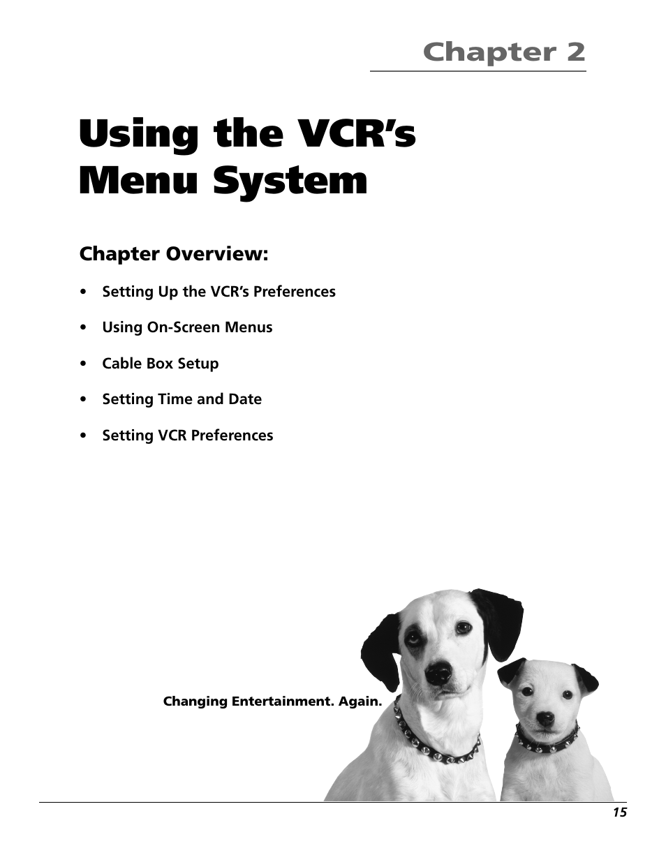 Using the vcr’s menu system, Chapter 2, Chapter overview | RCA VR355/VR545 User Manual | Page 17 / 56