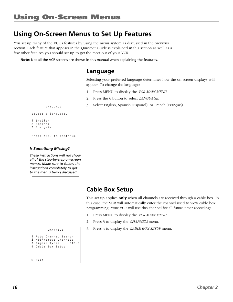 Using on-screen menus to set up features, Language, Cable box setup | Channels menu, Language menu, Menu button, Quickset guide, Cable box, Language feature, Using menu system | RCA VR355/VR545 User Manual | Page 18 / 56