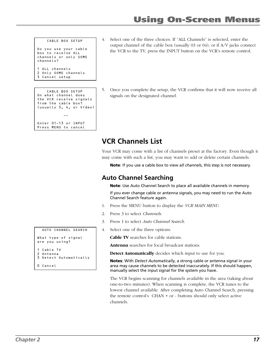 Vcr channels list, Auto channel searching, Audio/video (a/v) jacks | Auto channel search, Channel buttons, Using on-screen menus | RCA VR355/VR545 User Manual | Page 19 / 56