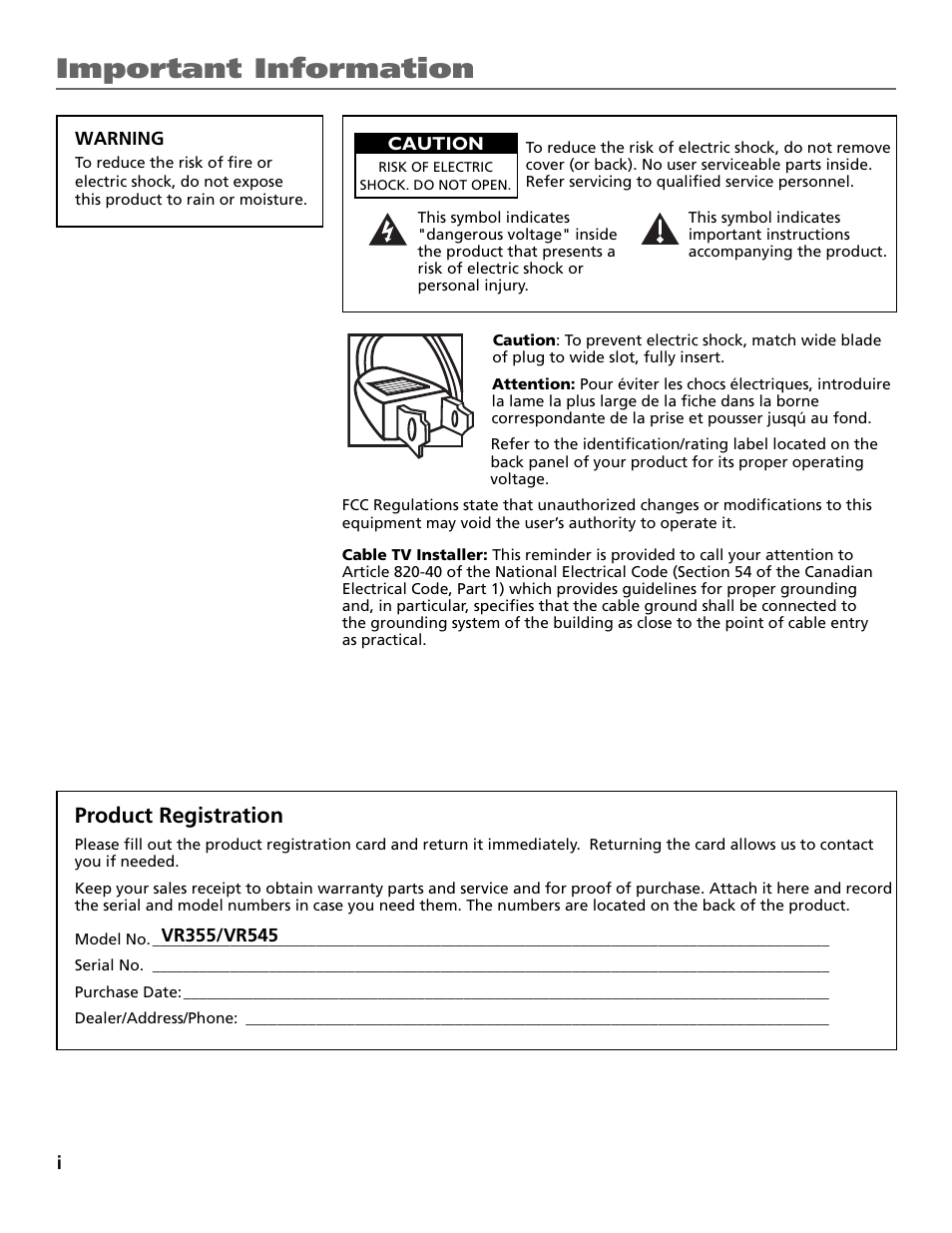 Product registration, Important information | RCA VR355/VR545 User Manual | Page 2 / 56