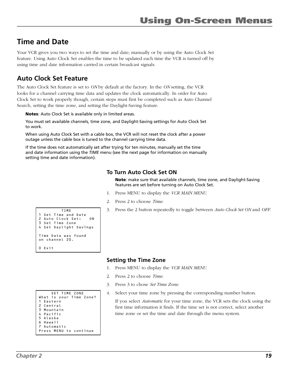 Time and date, Auto clock set feature, To turn auto clock set on | Setting the time zone, Auto clock feature, Date and time setting, Time zone, To turn auto clock set on setting the time zone, Using on-screen menus | RCA VR355/VR545 User Manual | Page 21 / 56