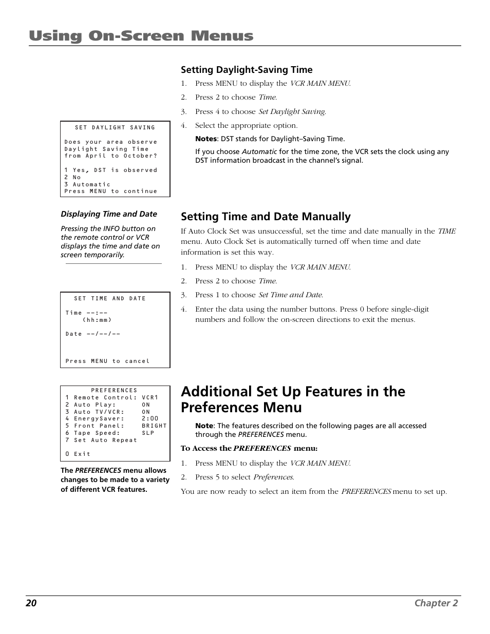 Setting daylight-saving time, Setting time and date manually, Additional set up features in the preferences menu | Number buttons, Daylight-saving, Preferences menu, Using on-screen menus | RCA VR355/VR545 User Manual | Page 22 / 56