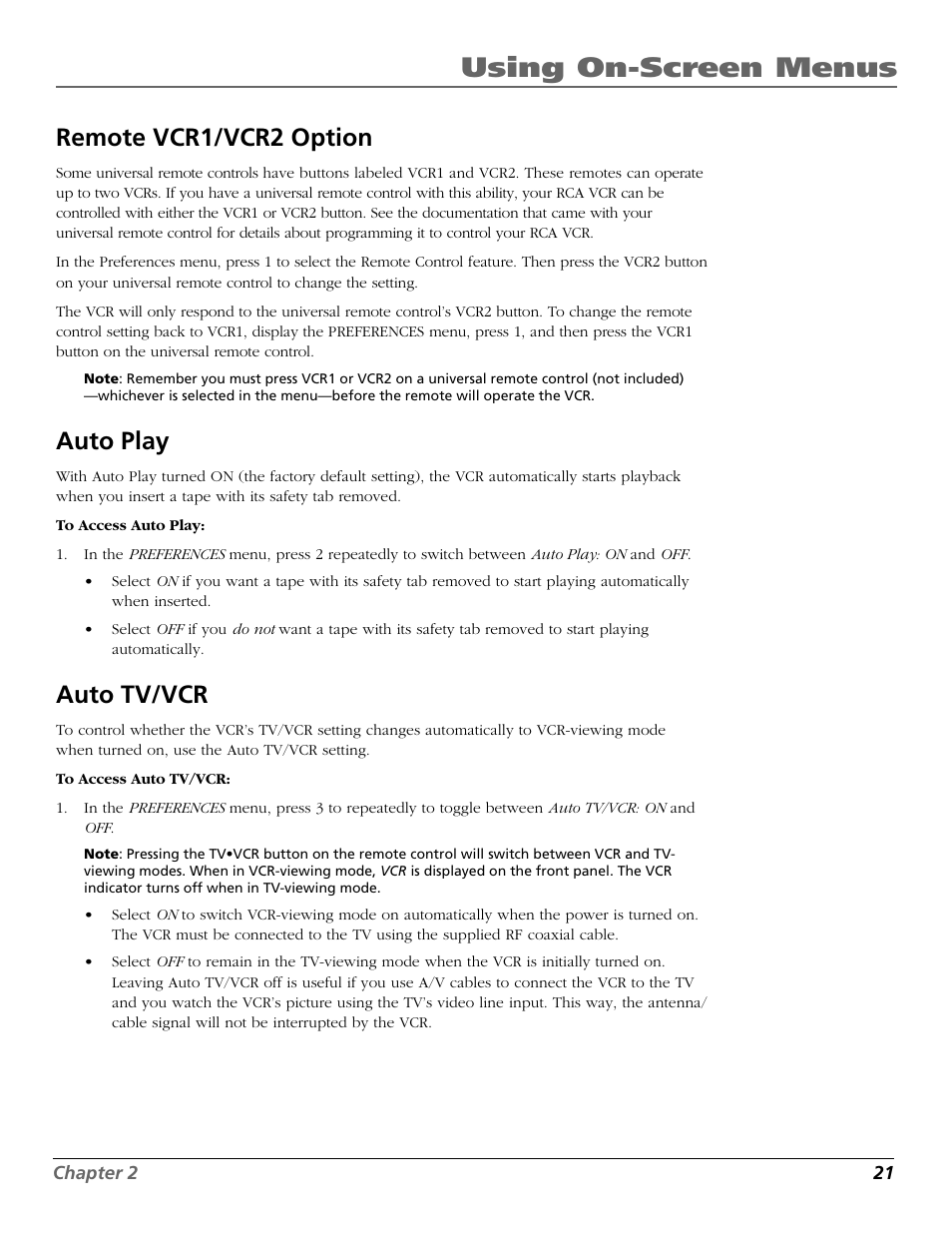 Remote vcr1/vcr2 option, Auto play, Auto tv/vcr | Auto tv/vcr feature, Auto play feature, Tv•vcr button, Remote vcr1/vcr2 option auto play auto tv/vcr, Using on-screen menus | RCA VR355/VR545 User Manual | Page 23 / 56