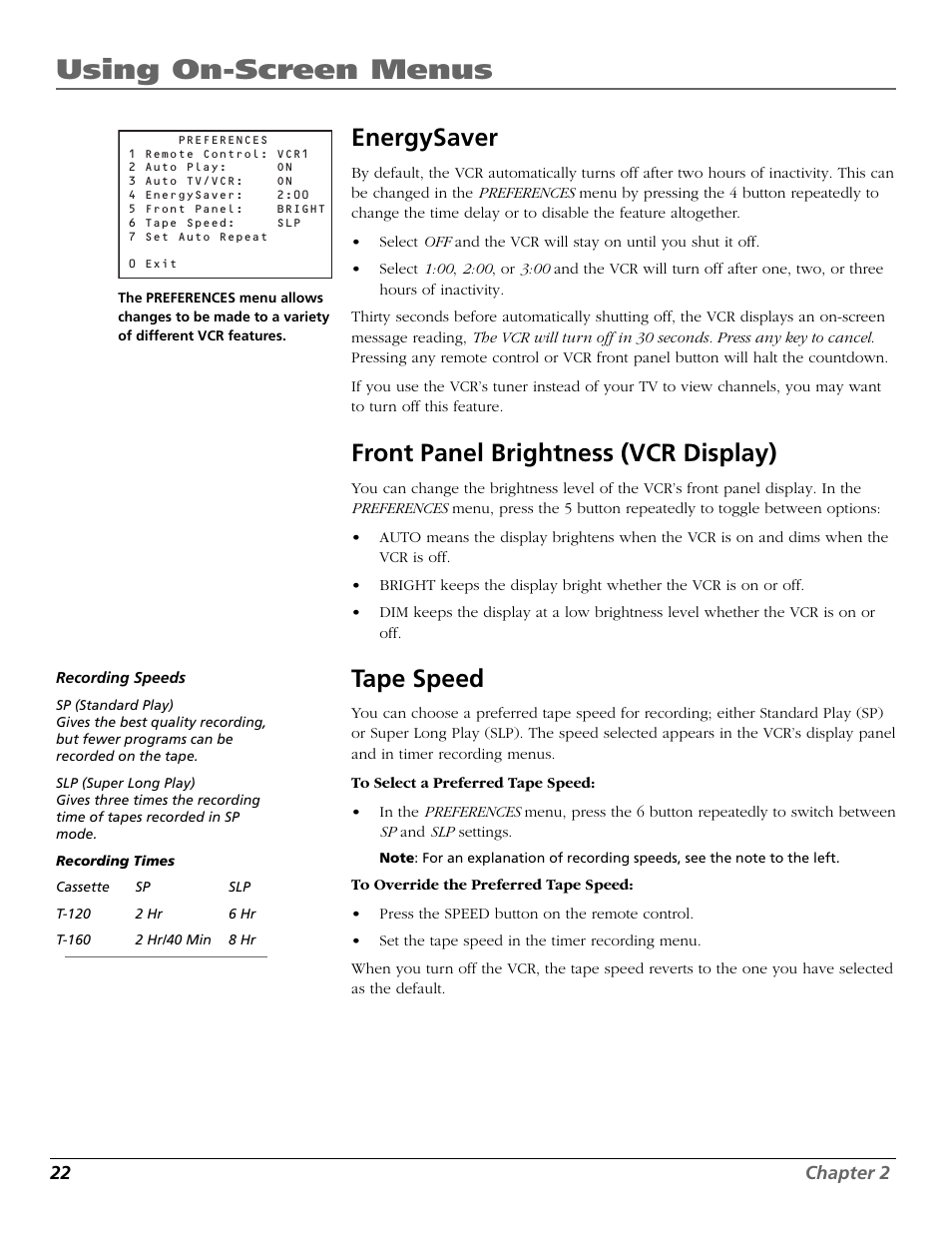 Energysaver, Front panel brightness (vcr display), Tape speed | Energysaver feature, Speeds, Front panel, Tape speed feature, Speeds, recording, Tape speeds, Using on-screen menus | RCA VR355/VR545 User Manual | Page 24 / 56