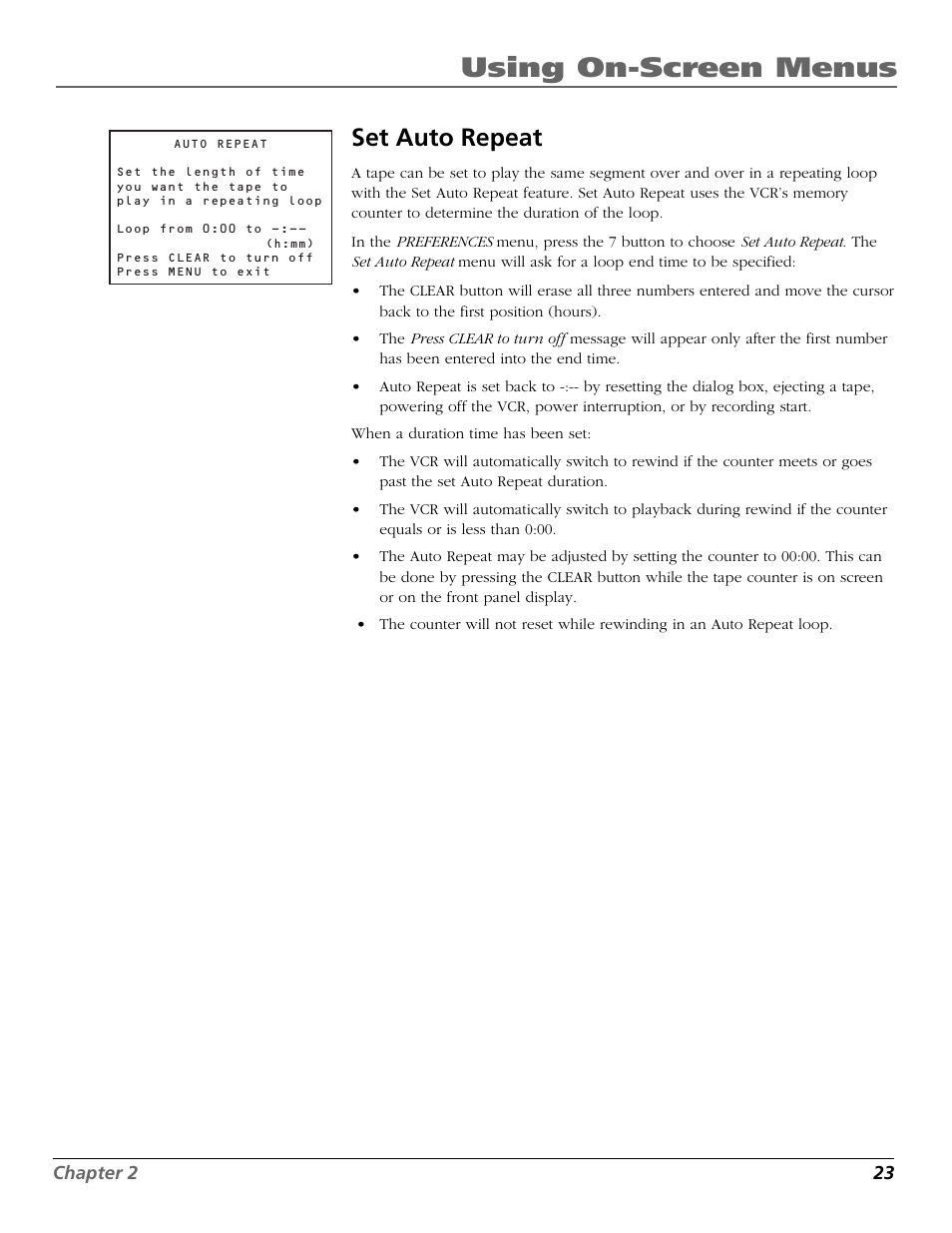 Set auto repeat, Using on-screen menus | RCA VR355/VR545 User Manual | Page 25 / 56