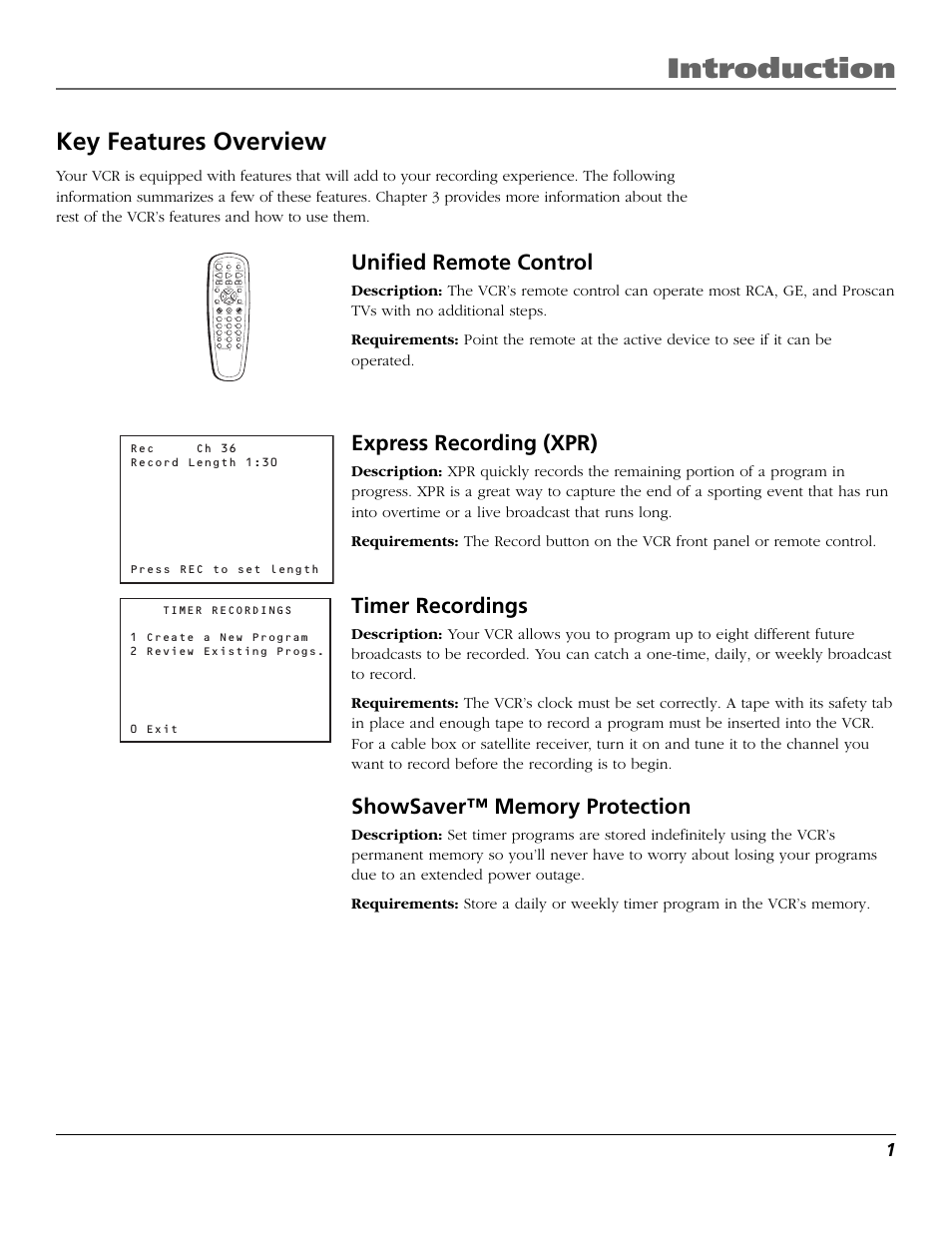 Introduction, Key features overview, Express recording (xpr) | Express (xpr), Unified remote control, Timer recordings | RCA VR355/VR545 User Manual | Page 3 / 56