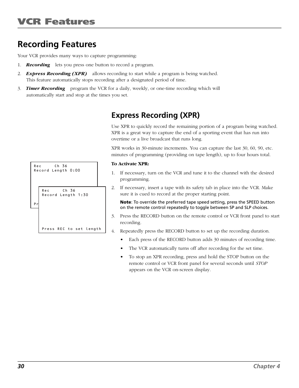 Recording features, Express recording (xpr), Vcr features | RCA VR355/VR545 User Manual | Page 32 / 56
