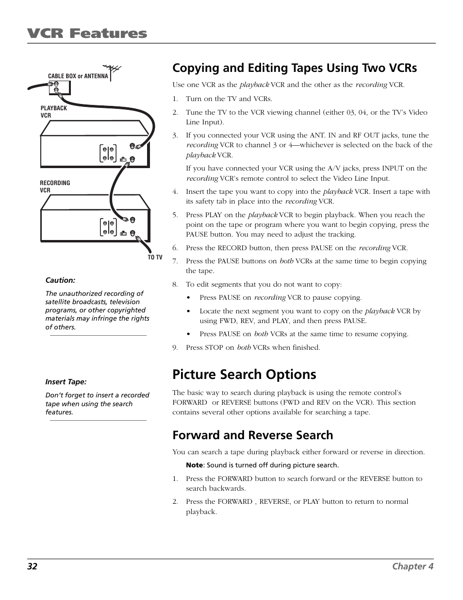 Copying and editing tapes using two vcrs, Picture search options, Forward and reverse search | Copying tapes, Fwd button, Copying /editing tapes, Rev button, Forward, Reverse, Vcr features | RCA VR355/VR545 User Manual | Page 34 / 56