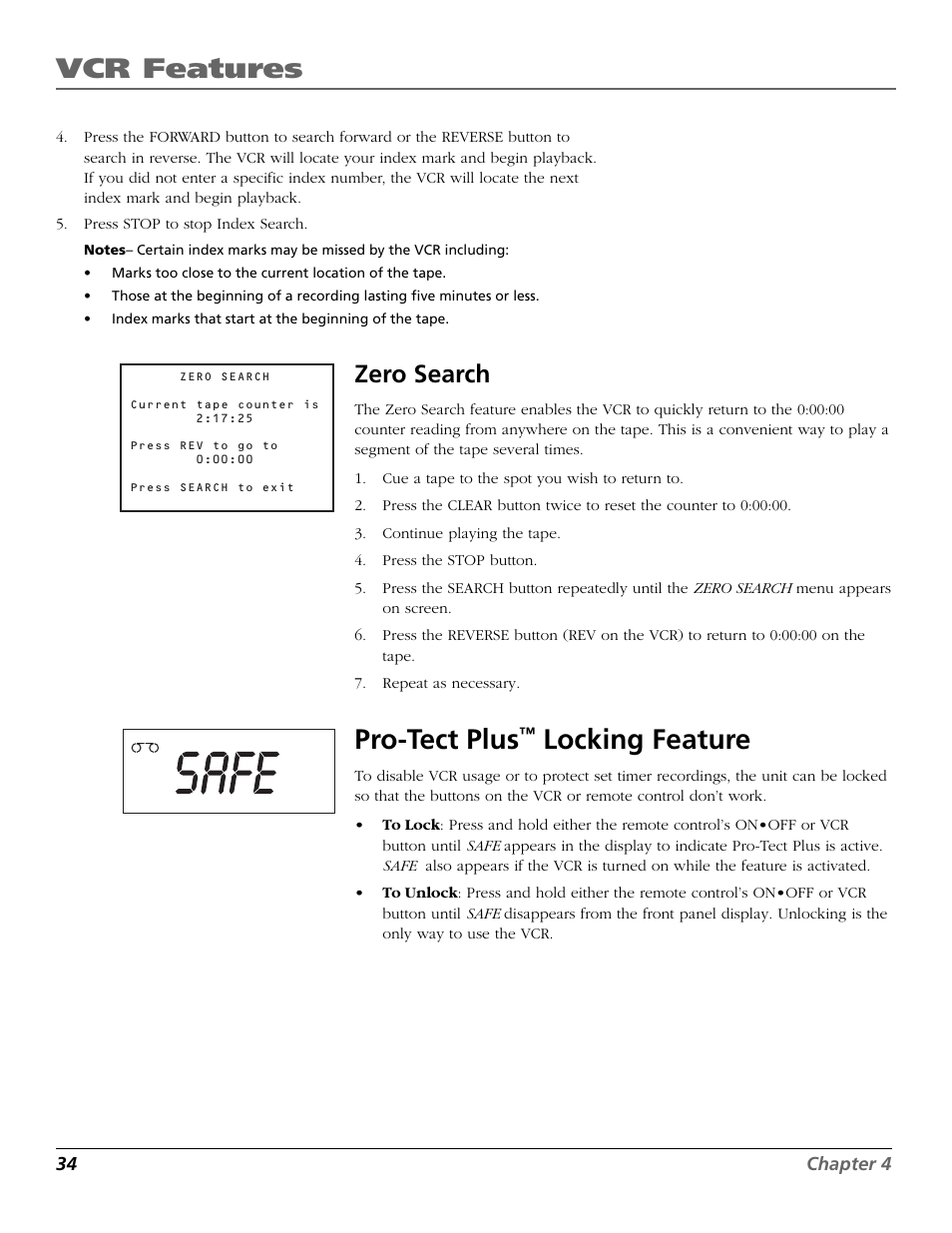 Zero search, Pro-tect plus™ locking feature, Locking feature | On•off button, Pro-tect plus, Safe display, Vcr features | RCA VR355/VR545 User Manual | Page 36 / 56