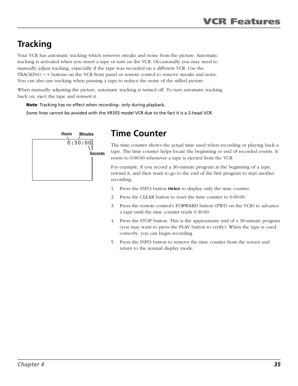 Tracking, Time counter, Info button | Tracking time counter, Vcr features | RCA VR355/VR545 User Manual | Page 37 / 56