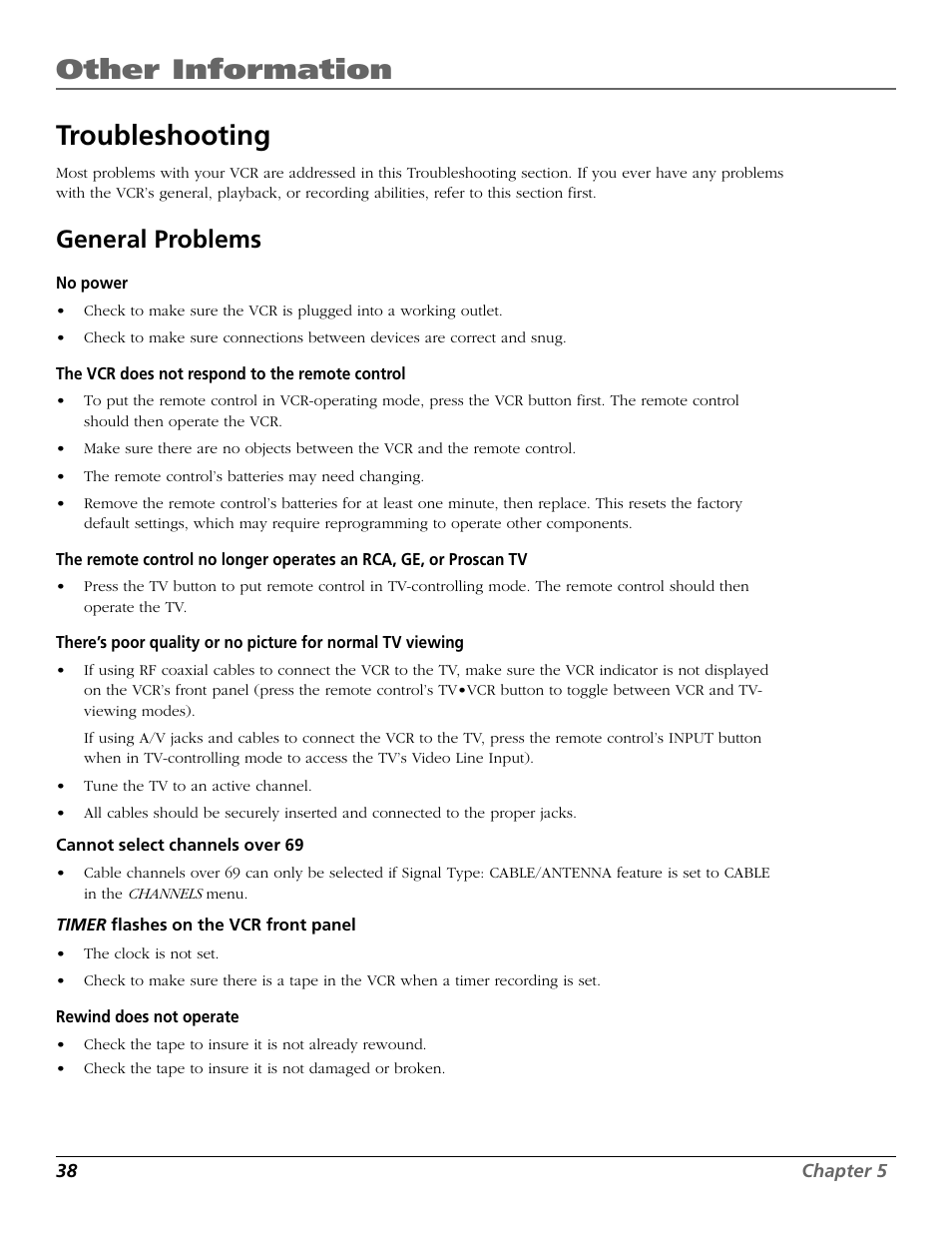 Troubleshooting, General problems, Other information | RCA VR355/VR545 User Manual | Page 40 / 56
