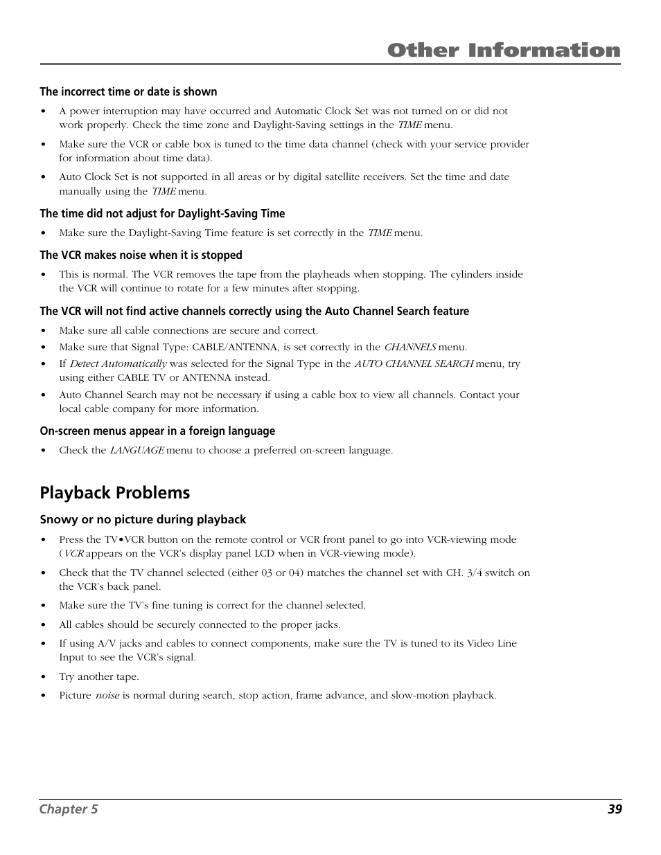 Playback problems, Other information | RCA VR355/VR545 User Manual | Page 41 / 56