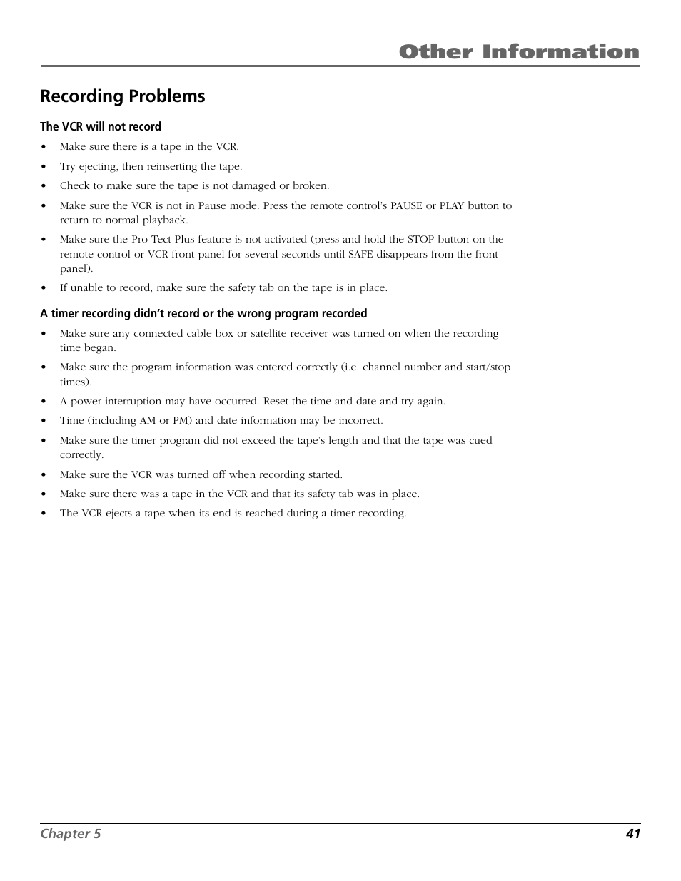 Recording problems, Other information | RCA VR355/VR545 User Manual | Page 43 / 56