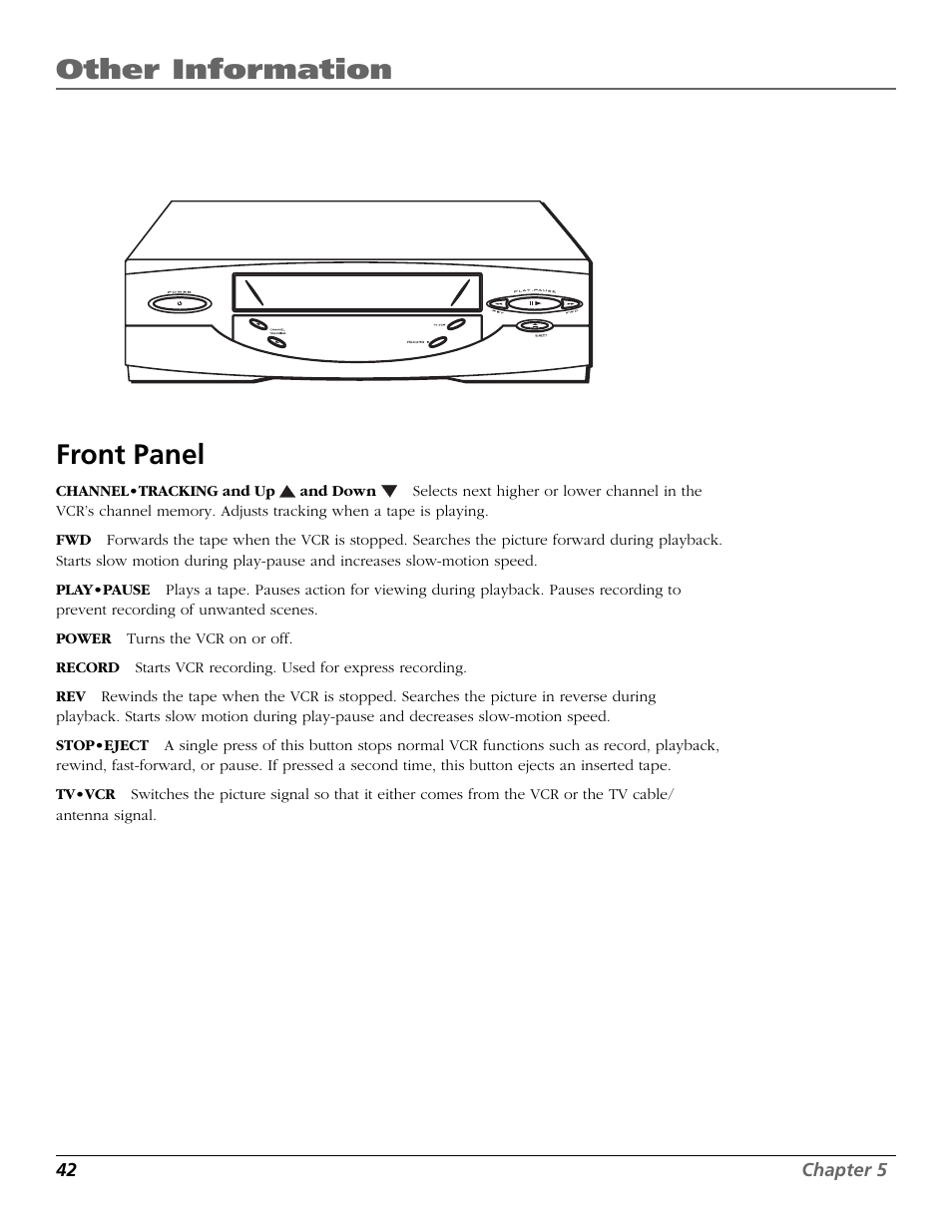 Front panel, Arrow buttons, Front panel controls | Other information | RCA VR355/VR545 User Manual | Page 44 / 56