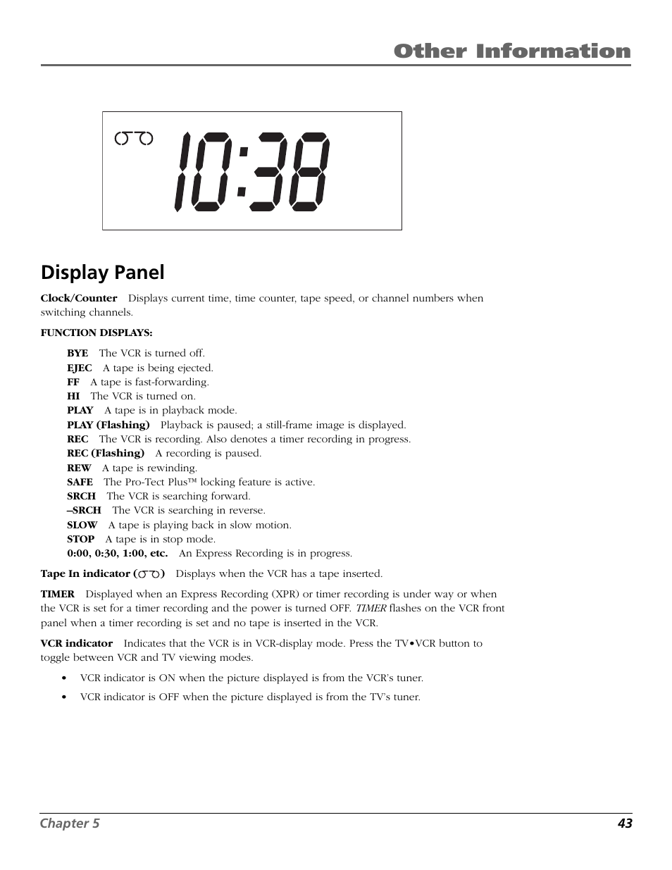 Display panel, Bye display, Clock display | Ff display, Hi display, Indicators (display panel), Play display, Rec display, Rew display, Slow display | RCA VR355/VR545 User Manual | Page 45 / 56