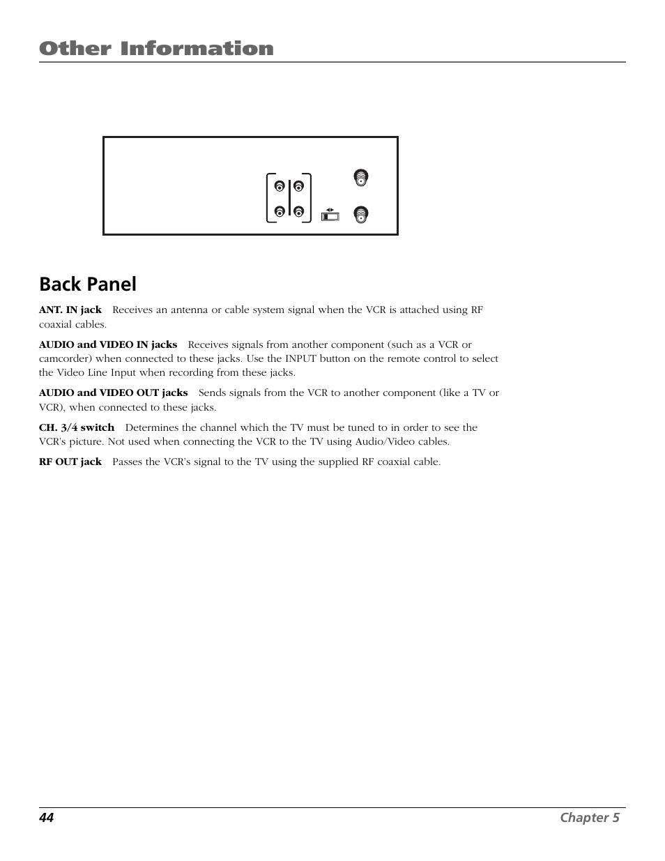 Back panel, Back panel jacks, Other information | 44 chapter 5 | RCA VR355/VR545 User Manual | Page 46 / 56