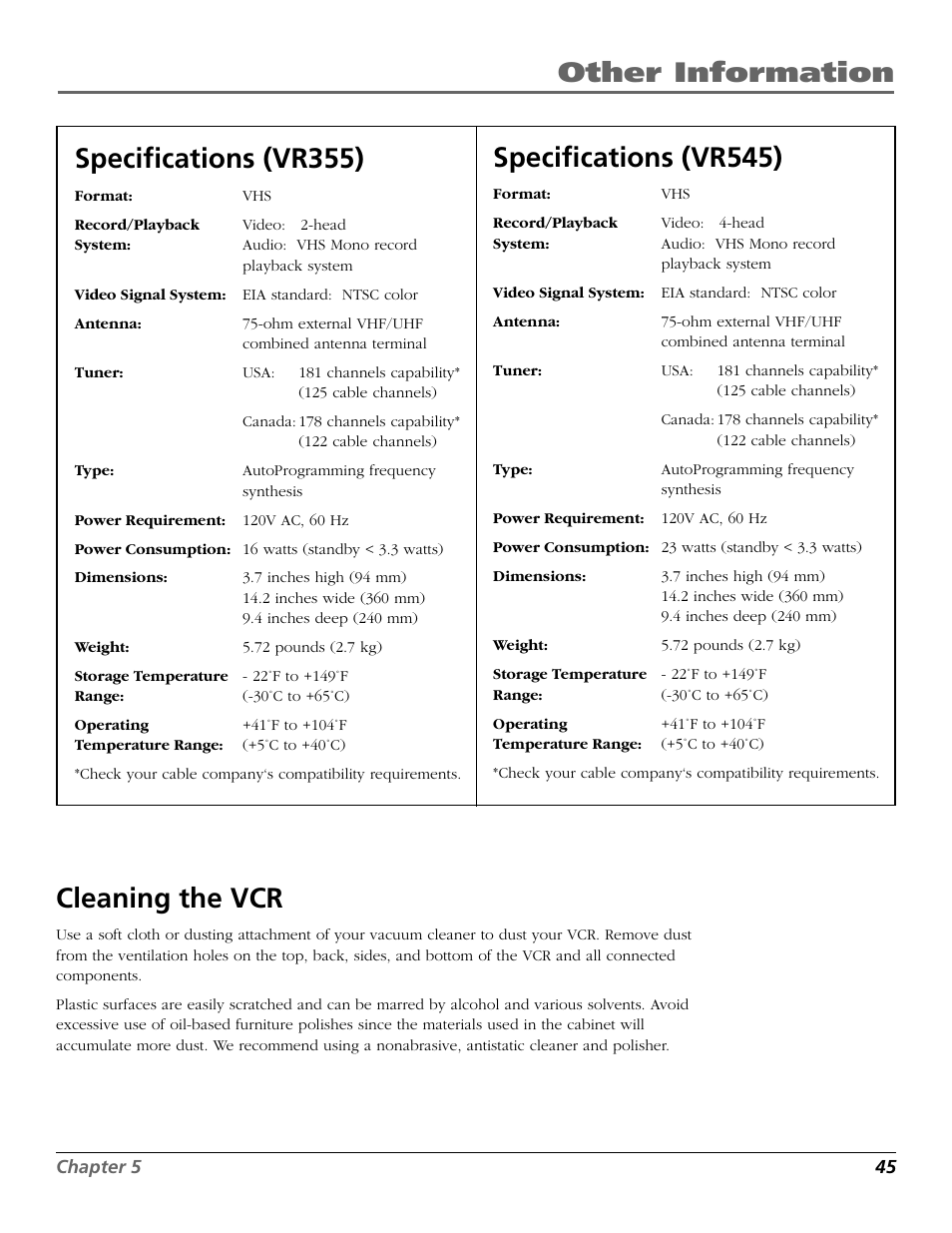 Cleaning the vcr, Specifications (vr355), Specifications (vr545) | Design specifications, Specifications, Other information specifications (vr355) | RCA VR355/VR545 User Manual | Page 47 / 56