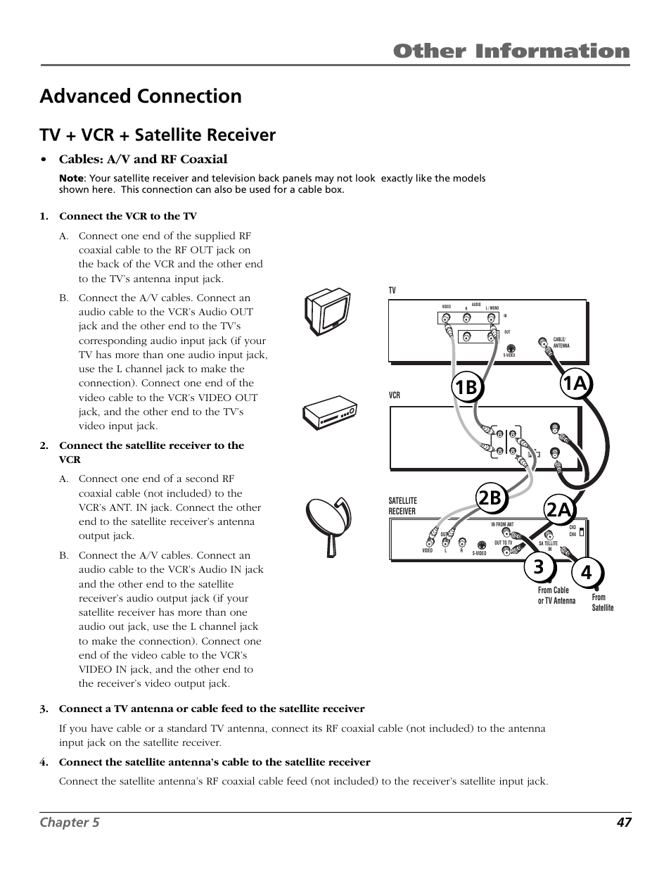 Advanced connection, Tv + vcr + satellite receiver, Audio in jacks | Other information advanced connection, Chapter 5 47, Cables: a/v and rf coaxial, Vc r tv sa tel lite | RCA VR355/VR545 User Manual | Page 49 / 56