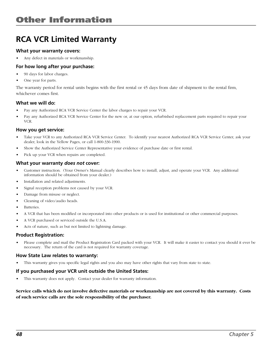 Warranty, Other information, Rca vcr limited warranty | RCA VR355/VR545 User Manual | Page 50 / 56