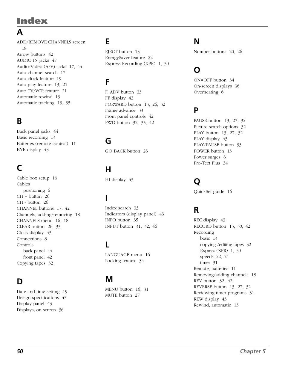 Index, Cables, Controls | Recording | RCA VR355/VR545 User Manual | Page 52 / 56