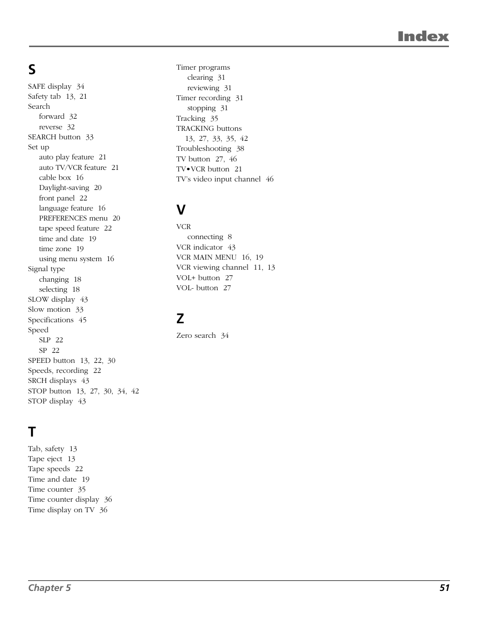 Search, Set up, Signal type | Speed, Timer programs, Index s | RCA VR355/VR545 User Manual | Page 53 / 56